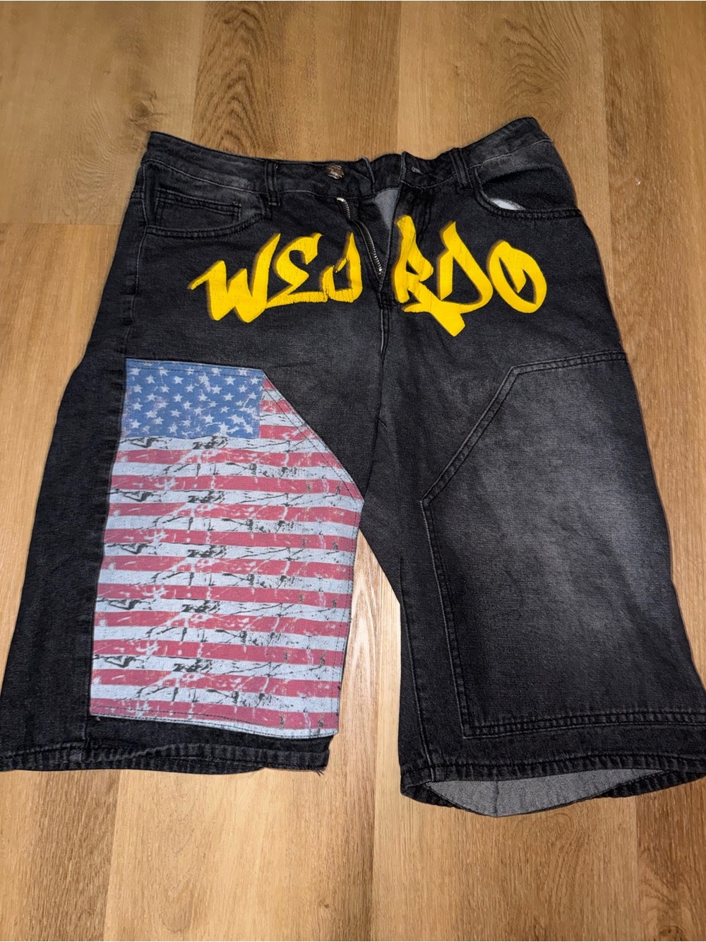 ROMWE Black Denim Shorts with Yellow Script and Flag Patch